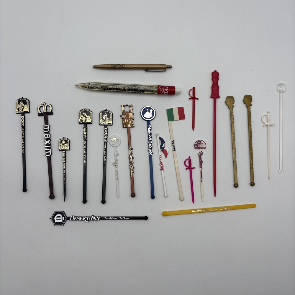 Vintage Casino Swizzle Sticks & Pens Lot 24 Excalibur Caesars Desert Inn Vegas